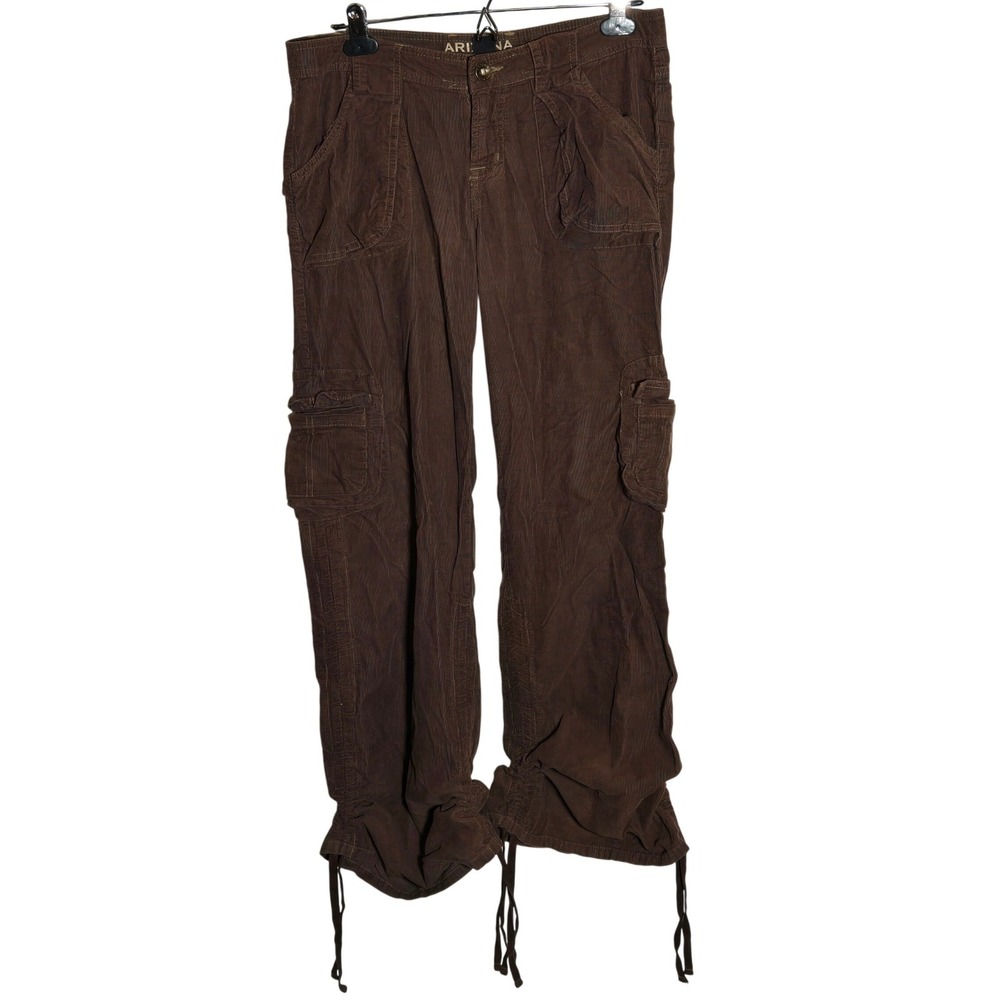 Y2K Brown Corduroy Cargo Pants 9 Studded Drawstring Hem Boho Hippie Earthy Baggy